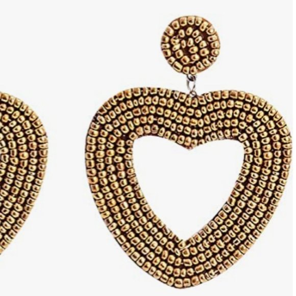 2.5" Dark Gold Handmade Large Heart Beaded Earrings Beads Handmade Hearts - Picture 3 of 4